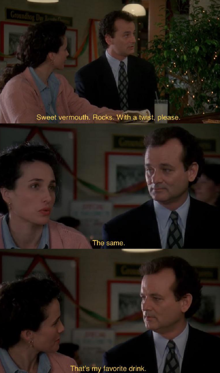 Bill Murray as Phil and Andie MacDowell as Rita ordering their favorite drink