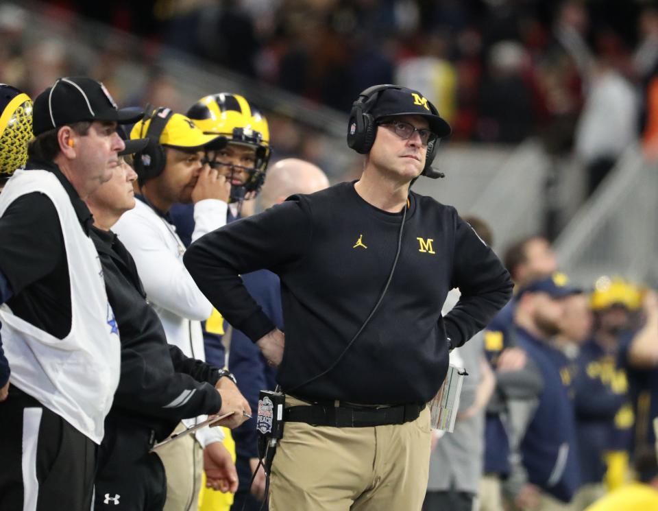 Michigan Wolverines head coach Jim Harbaugh reacts in the fourth quarter during the 41-15 loss to the Florida Gators in the Peach Bowl in Atlanta, Dec. 29, 2018.