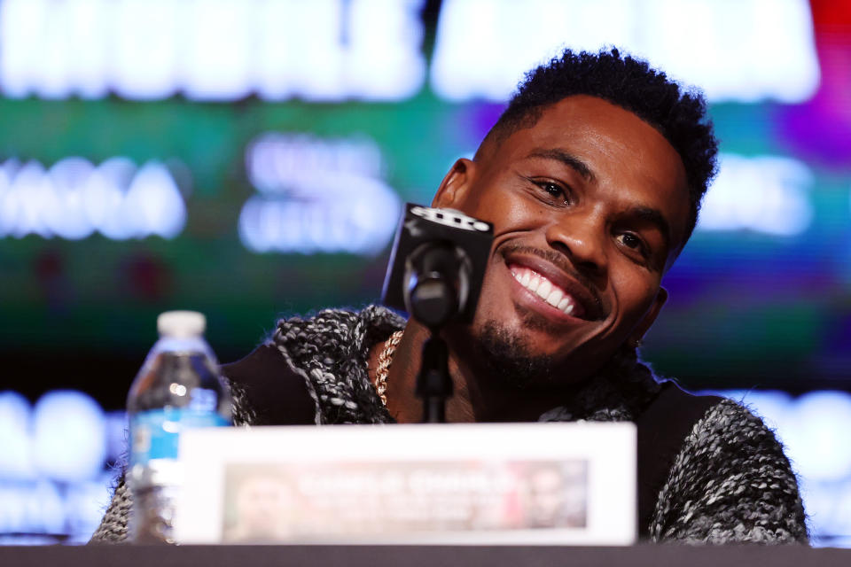 NEW YORK, NEW YORK - AUGUST 15: Jermell Charlo speaks to media during a press conference to preview their September 30 super middleweight undisputed championship fight against Canelo Alvarez (not pictured) at Palladium Times Square on August 15, 2023 in New York City. (Photo by Sarah Stier/Getty Images)