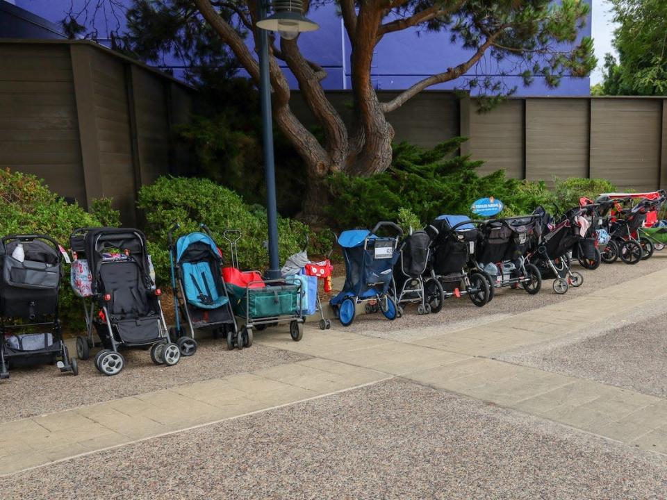 Stroller parking at a theme park.