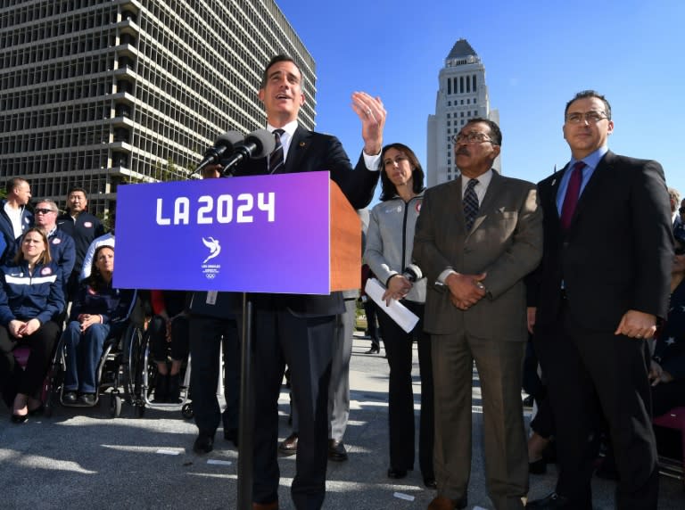 Los Angeles Mayor Eric Garcetti announces the Los Angeles City Council's 13-0 unanimous final approval vote to bid for the 2024 Summer Olympics, on January 25, 2017