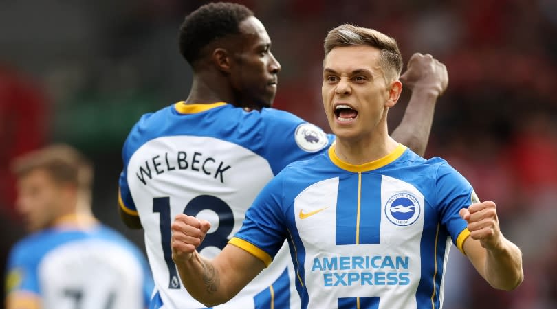  Leandro Trossard celebrates one of his goals for Brighton against Liverpool. 