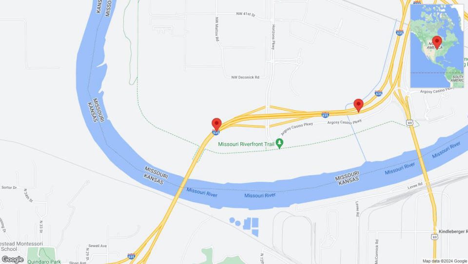 A detailed map that shows the affected road due to 'Warning: Crash on northbound I-635 in Riverside' on July 26th at 12:59 p.m.