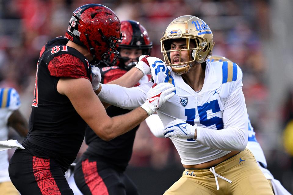 Sep 9, 2023; San Diego, California, USA; UCLA Bruins defensive lineman Laiatu Latu (15) battles against San Diego State Aztecs tight end Mark Redman (81) during the first half at Snapdragon Stadium. Mandatory Credit: Orlando Ramirez-USA TODAY Sports