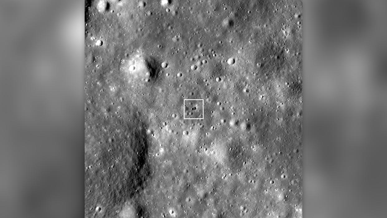  Full resolution (100 cm pixels) image centered on the new rocket body impact double crater. NAC M1407760984R, image width 1,100 meters. 