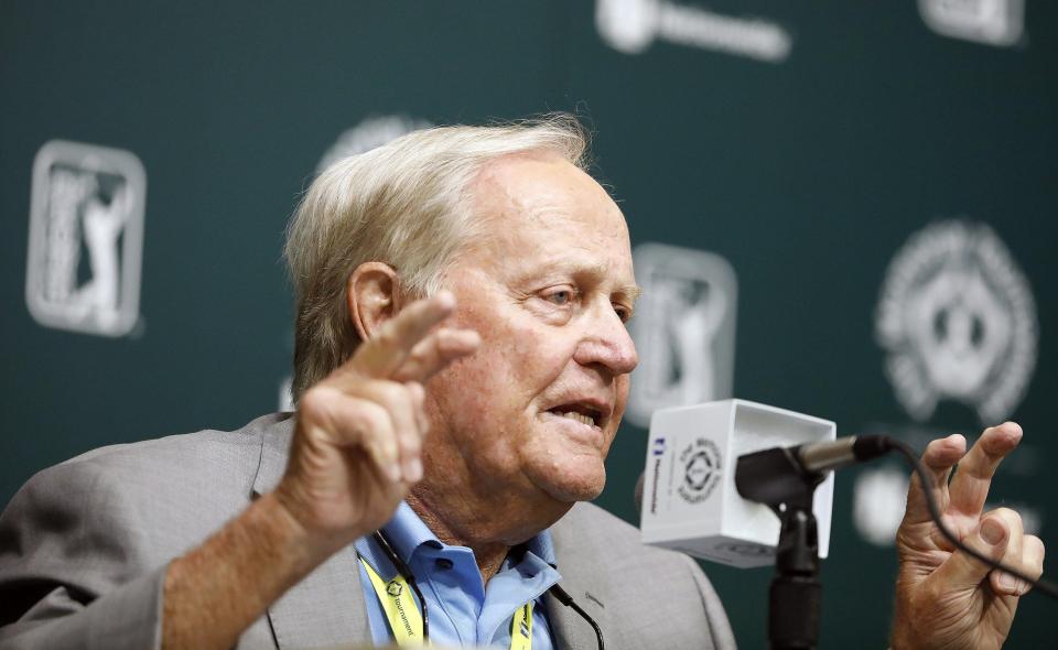 Jack Nicklaus speaks to the media on Tuesday afternoon before the 2021 Memorial Tournament at Muirfield Village Golf Club on June 1, 2021. (Photo by Kyle Robertson/Columbus Dispatch)