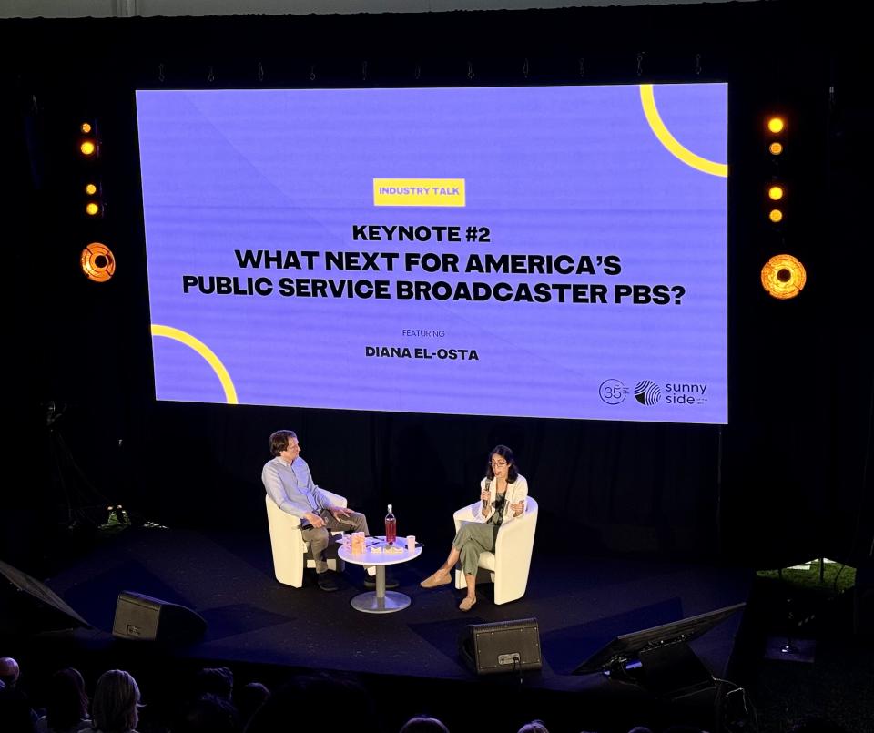 Diana El-Osta of PBS speaks at a keynote at Sunny Side of the Doc. At left is moderator Nick Edwards.