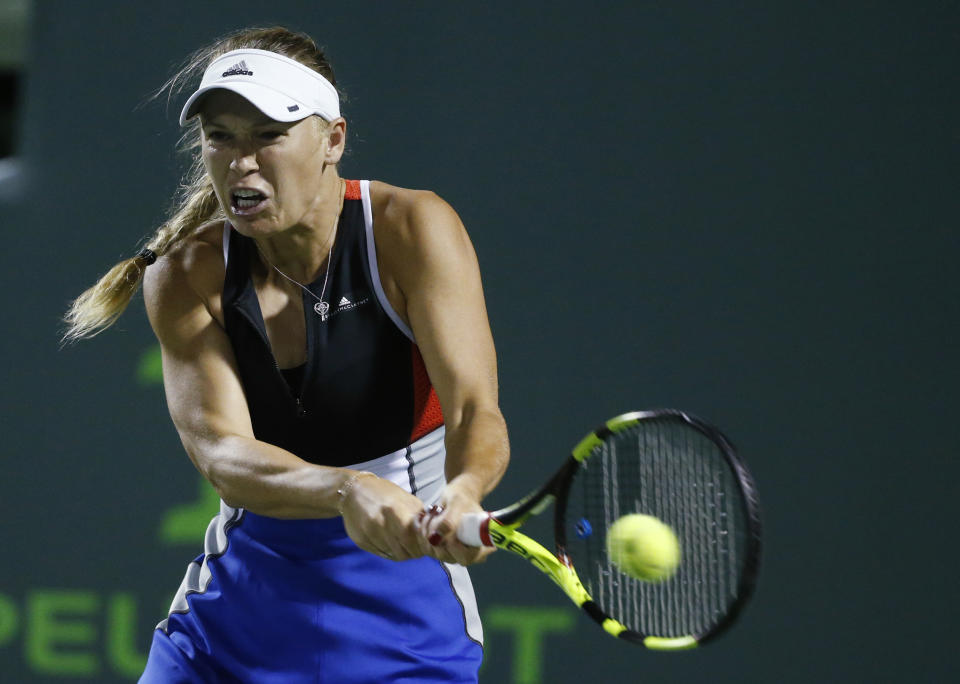 Caroline Wozniacki suffered an upset loss at the Miami Open but has more issues with the tournament’s security than she does her performance. (AP Photo)