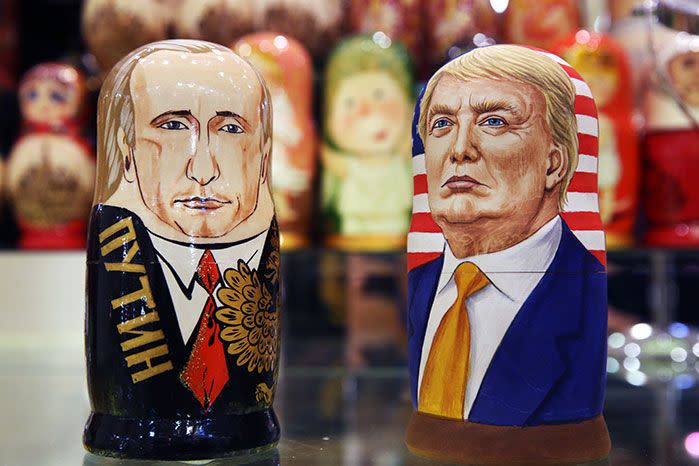 Russian dolls in the likeness of Putin and Trump in a souvenir shop. Image: PA