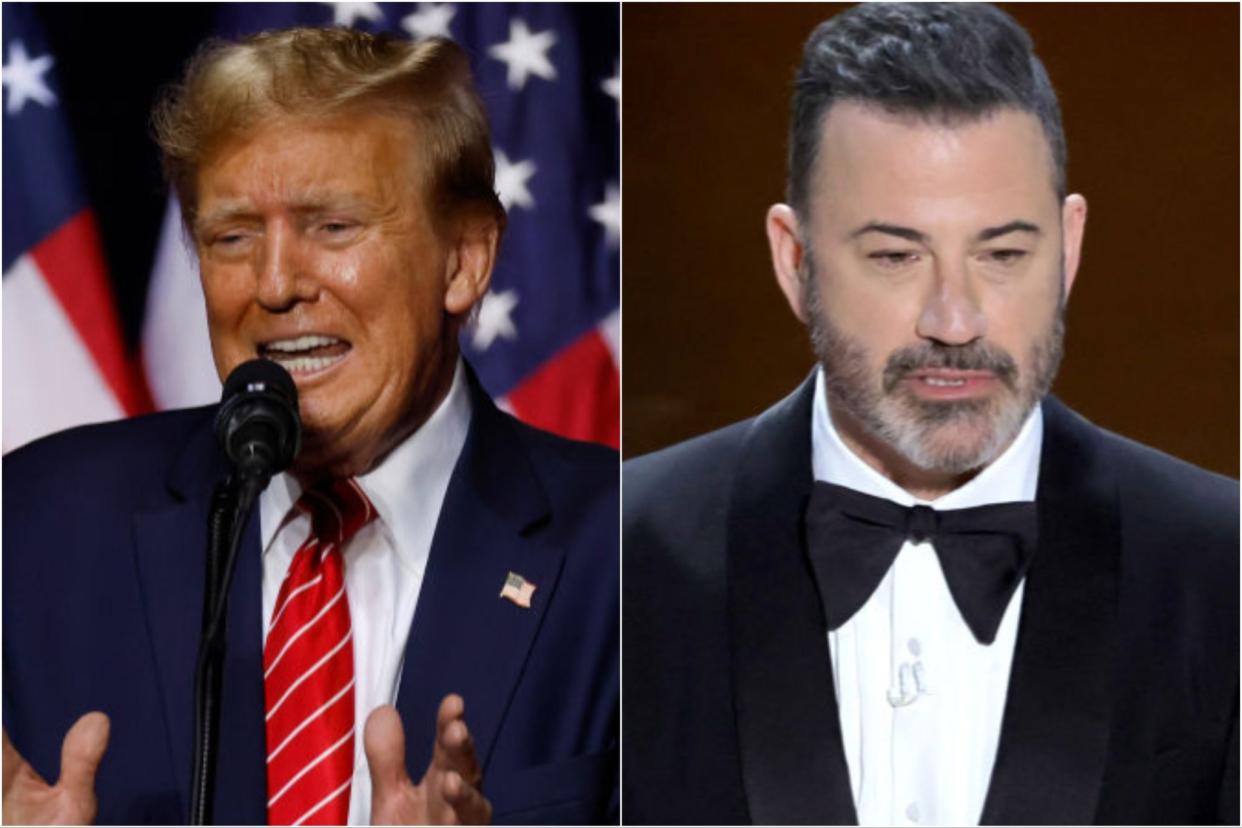 Donald Trump at a campaign rally in March 2023, and Jimmy Kimmel at the Oscars (Getty Images)