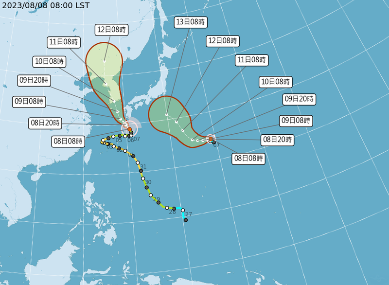 中央氣象局公布颱風路徑潛勢圖。（中央氣象局提供）