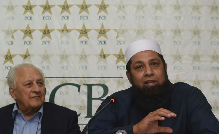 Former Pakistan cricket captain Inzamam-ul-Haq (R) is watched by Pakistan Cricket Board (PCB) chairman Shaharyar Khan as he speaks during a press conference in Lahore on April 18, 2016 Pakistan has appointed former captain and master batsman Inzamam-ul-Haq as their new chief selector, two weeks after sacking the selection committee following team's disastrous showing in the World Twenty20 in India