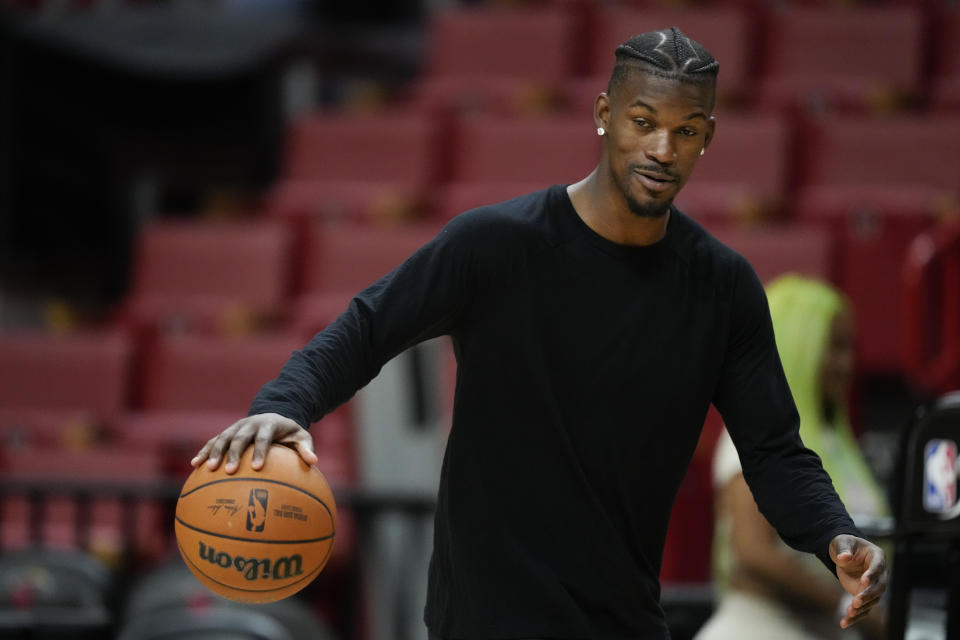 Miami Heat forward Jimmy Butler takes part in a practice ahead of Game 3 of the NBA Finals, at the Kaseya Center in Miami, Tuesday, June 6, 2023.(AP Photo/Rebecca Blackwell)