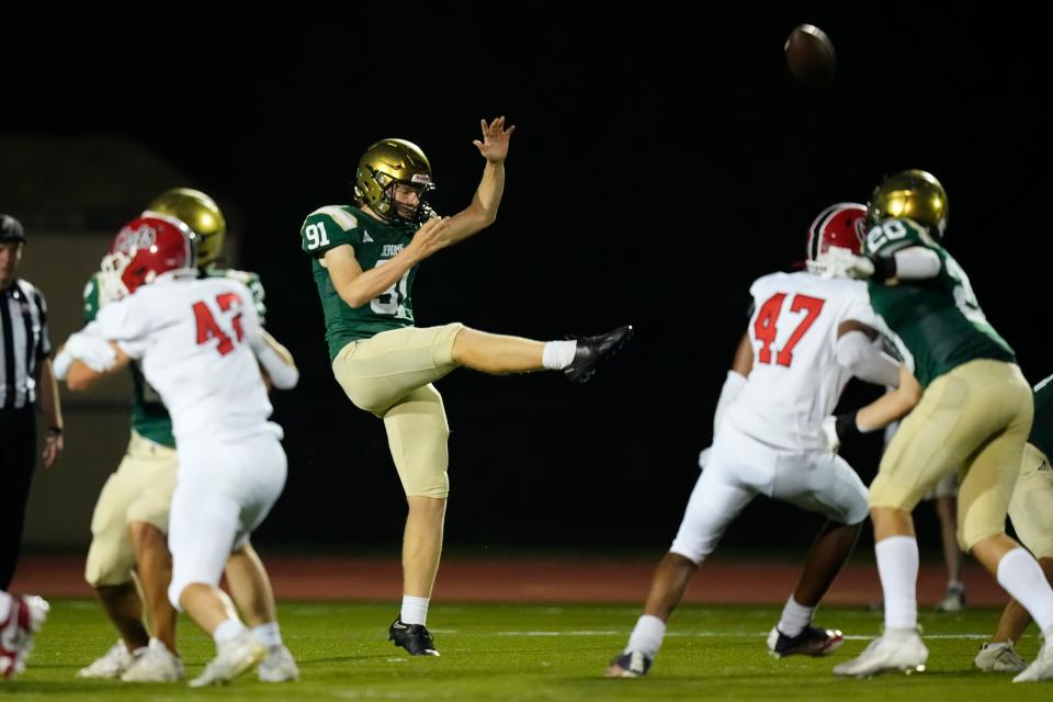 Dublin Jerome's Carter Holden punts against Westerville South in Week 1. He kicked three field goals in last year's 16-7 win over Dublin Coffman.
