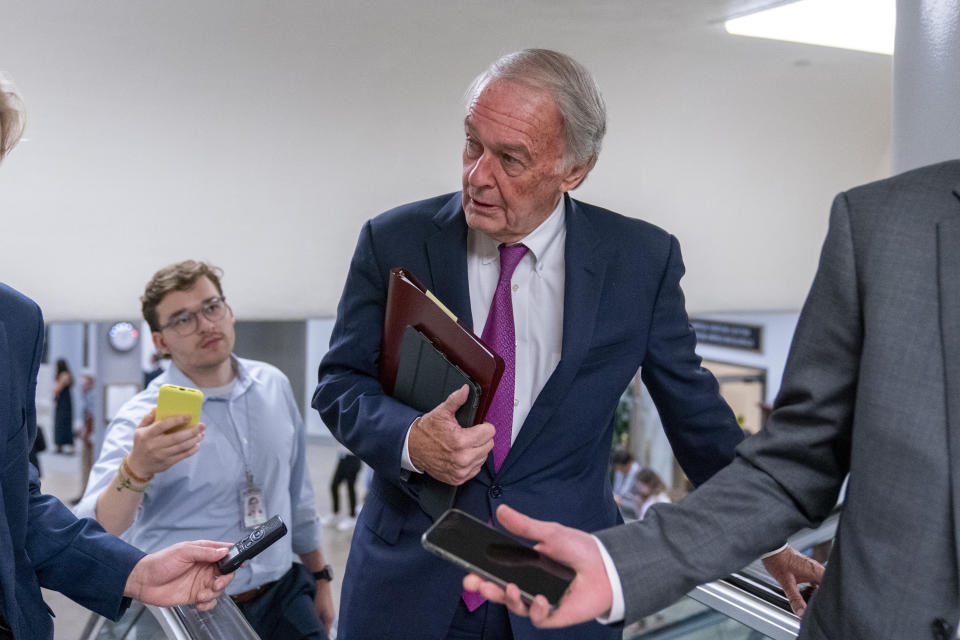 Sen. Ed Markey, D-Mass., speaks with reporters as he walks to a vote on Capitol Hill, Wednesday, Sept. 6, 2023 in Washington. (AP Photo/Alex Brandon)