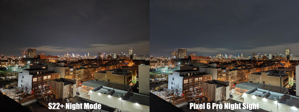 <p>A nighttime cityscape comparison shot between the S22+ and the Pixel 6 Pro.</p>
