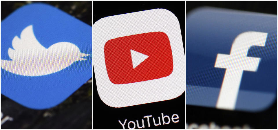 This combination of images shows logos for companies from left, Twitter, YouTube and Facebook. These Internet companies and others say they’re working to remove video footage filmed by a gunman in the New Zealand mosque shooting that was widely available on social media hours after the horrific attack. (AP Photos/File)