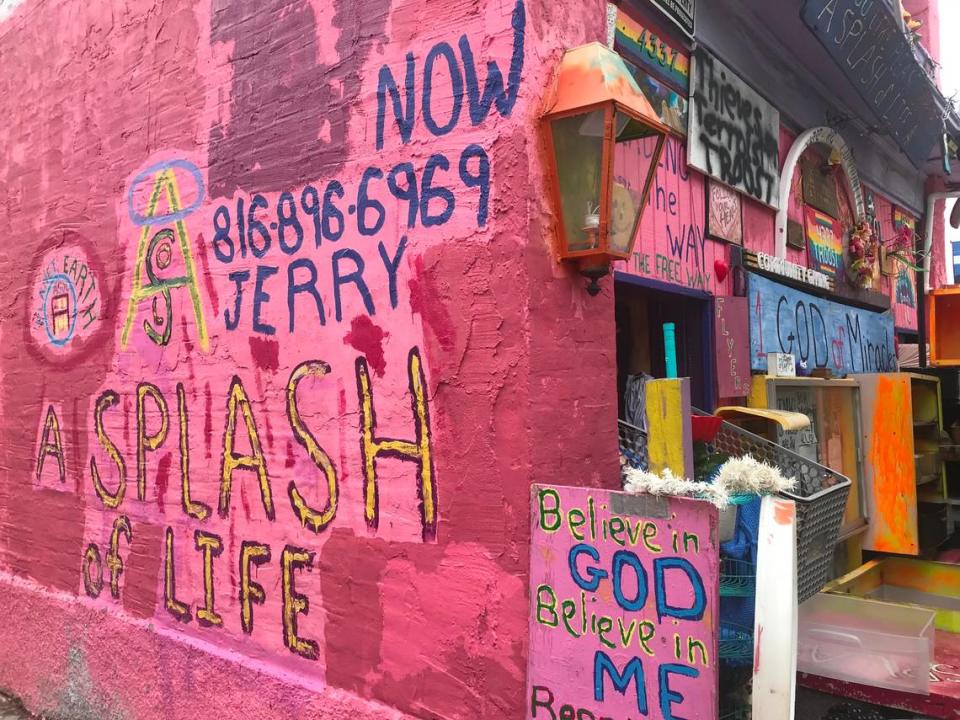 Brightly colored decorations and messages adorn Splash of Life, an informal donation distribution center on Troost Ave, on Wednesday, July 27.