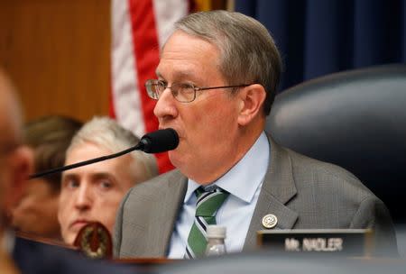 House Judiciary Committee Chairman Bob Goodlatte (R-VA) questions FBI Deputy Assistant Director Peter Strzok as Rep. Trey Gowdy (R-SC) looks on during Strzok's testimony before a House Committees on Judiciary and Oversight and Government Reform joint hearing on "Oversight of FBI and DOJ Actions Surrounding the 2016 Election" in the Rayburn House Office Building in Washington, U.S., July 12, 2018. REUTERS/Leah Millis