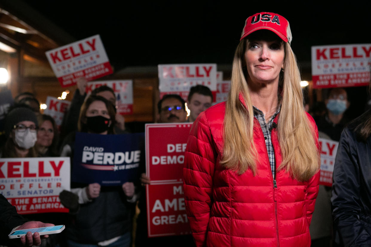 Georgia Republican Senate candidate Kelly Loeffler (R-GA) takes questions from the media during a rally on December 20, 2020 in Cumming, Georgia. (Photo by Jessica McGowan/Getty Images)                     