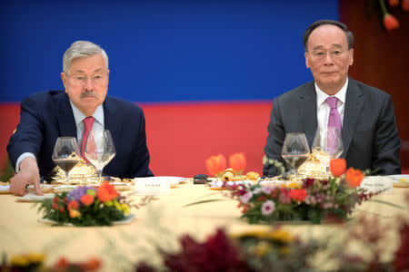 U.S. Ambassador to China Terry Branstad, left, and Chinese Vice President Wang Qishan attend an event commemorating the 40th anniversary of the establishment of diplomatic relations between the United States and China at the Great Hall of the People in Beijing, Thursday, Jan. 10, 2019. Mark Schiefelbein/Pool via REUTERS
