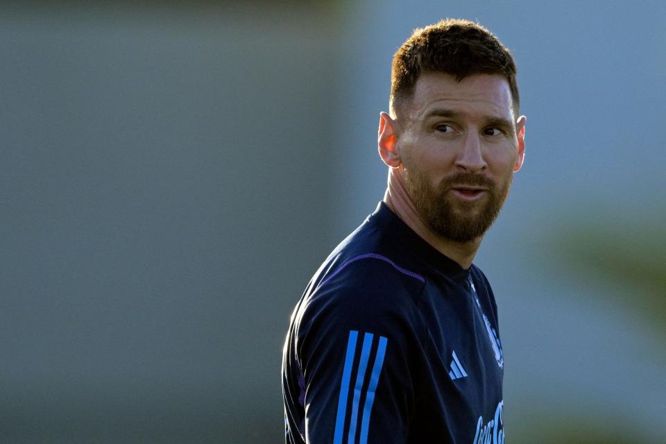 Argentina's Lionel Messi gestures during a training session in Ezeiza, Buenos Aires on November 14, 2023, ahead of the FIFA World Cup 2026 qualifier football match against Uruguay on November 16 in Buenos Aires. (Photo by JUAN MABROMATA/AFP via Getty Images)