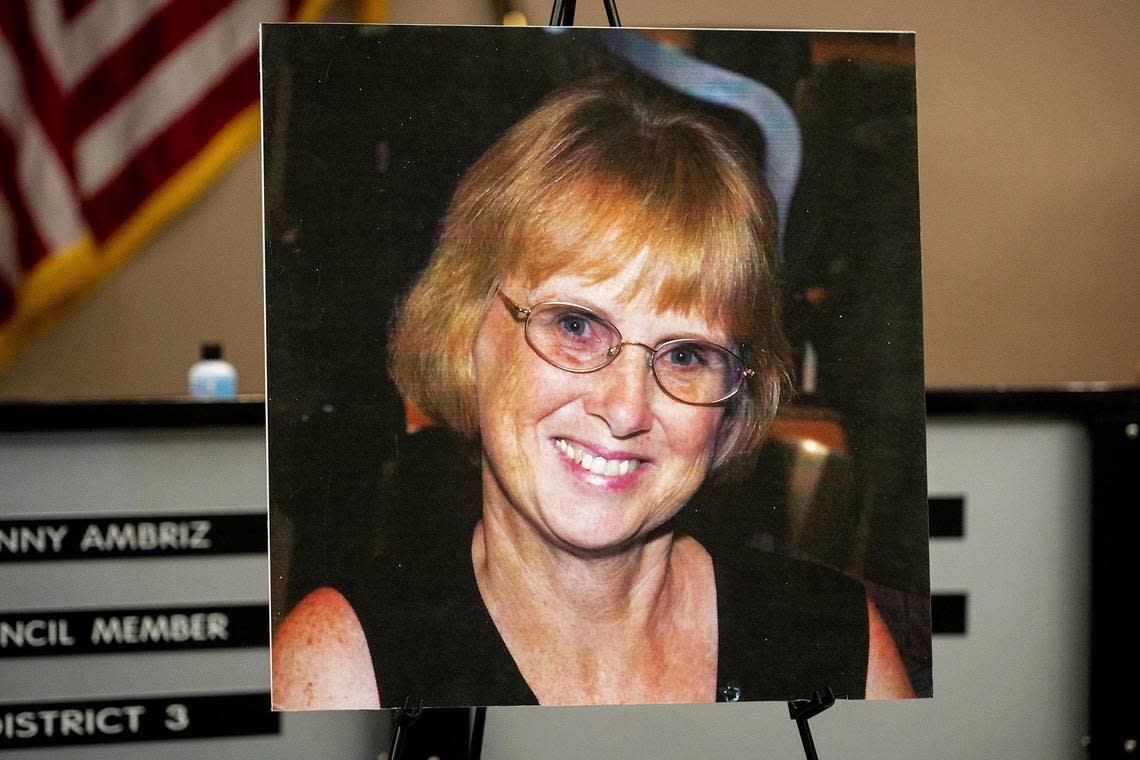 An image of Billie Edwards, 73, is displayed during a news conference to update the public on the investigation into a Nov. 2 traffic collision which killed two pedestrians, at Atwater City Hall in Atwater, Calif., on Tuesday, Nov. 29, 2022. According to police, Edwards and her sister Carolyn Rose, 76, were struck and killed by the vehicle near the intersection of East Juniper Avenue and Augusta Lane while walking along the sidewalk.