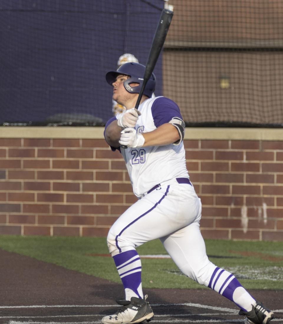 Jackson’s Alex Snyder watches his sacrifice fly which drove in the game's final run from third as the Polar Bears run-ruled Brush 10-0 in five innings to win the Division I sectional final on Thursday, May 19, 2022.