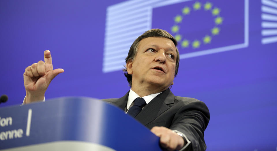 European Commission President Jose Manuel Barroso gestures while speaking during a media conference at EU headquarters in Brussels, Tuesday, May 8, 2012. The European Commission has called on EU nations to stick to their promised budget cuts despite voter discontent in France and Greece, but promised new efforts to boost growth to alleviate economic hardship. (AP Photo/Virginia Mayo)