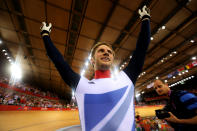 LONDON, ENGLAND - AUGUST 06: Jason Kenny of Great Britain celebrates winning the second heat against Gregory Bauge of France during the Men's Sprint Track Cycling Final and winning gold on Day 10 of the London 2012 Olympic Games at Velodrome on August 6, 2012 in London, England. (Photo by Bryn Lennon/Getty Images)