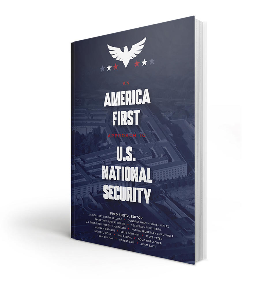 This image provided by America First Policy Institute, shows the cover of their new book "An America First Approach to U.S. National Security." The group trying to lay the groundwork for a second Trump administration if the former president wins in November is out with a new policy book that aims to articulate an "America First" national security agenda. (America First Policy Institute via AP)