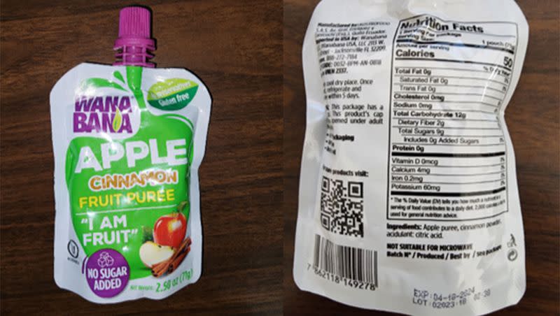 This photo provided by the U.S. Food and Drug Administration on Oct. 28, 2023, shows a WanaBana apple cinnamon fruit puree pouch. The FDA is warning parents and caregivers not to buy or serve certain pureed fruit pouches marketed to toddlers and young children because the food might contain dangerous levels of lead. Children who have eaten WanaBana apple cinnamon fruit puree pouches should be tested for possible lead poisoning, the agency said.