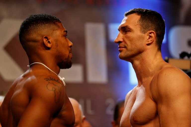 Wladimir Klitschko (R) has recorded a video predicting the outcome of the fight against Anthony Joshua which will be sealed in his robe then auctioned for charity