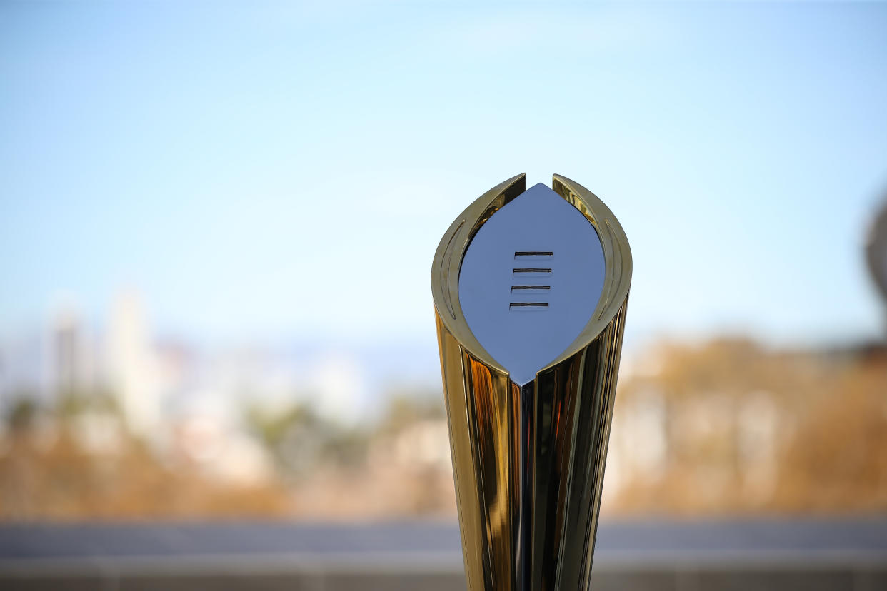 LOS ANGELES, CA - NOVEMBER 19: CFP trophy during the College Football Playoff press conference and media roundtable on November 19, 2022, at Banc of California Stadium in Los Angeles, CA. (Photo by Jevone Moore/Icon Sportswire via Getty Images)