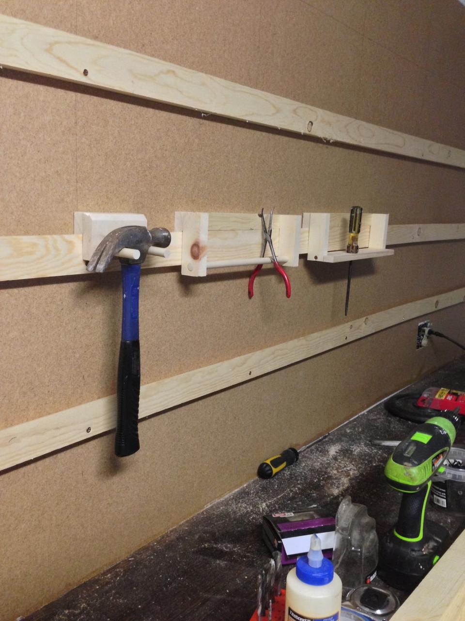 <p>Here is another example of French cleat shelves that incorporate dowels. These are used to hold a hammer, pliers, and screwdriver.</p>