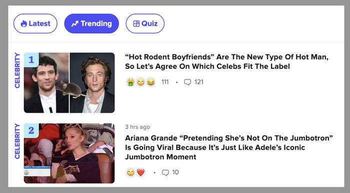 "Trending" tab with news items: "Hot Rodent Boyfriends" article; Ariana Grande on Jumbotron moment going viral