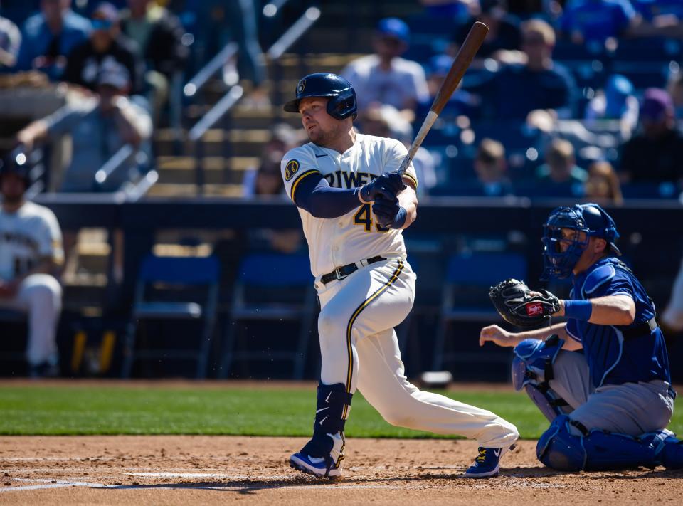 Feb 25, 2023; Phoenix, Arizona, USA; Milwaukee Brewers infielder Luke Voit against the Los Angeles Dodgers during a spring training game at American Family Fields of Phoenix. Mandatory Credit: Mark J. Rebilas-USA TODAY Sports