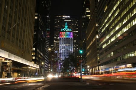 The Helmsley Building is lit in rainbow color ahead of the 50th anniversary of the Stonewall riot, in New York