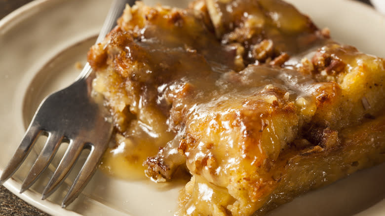 bread pudding with a sweet sauce