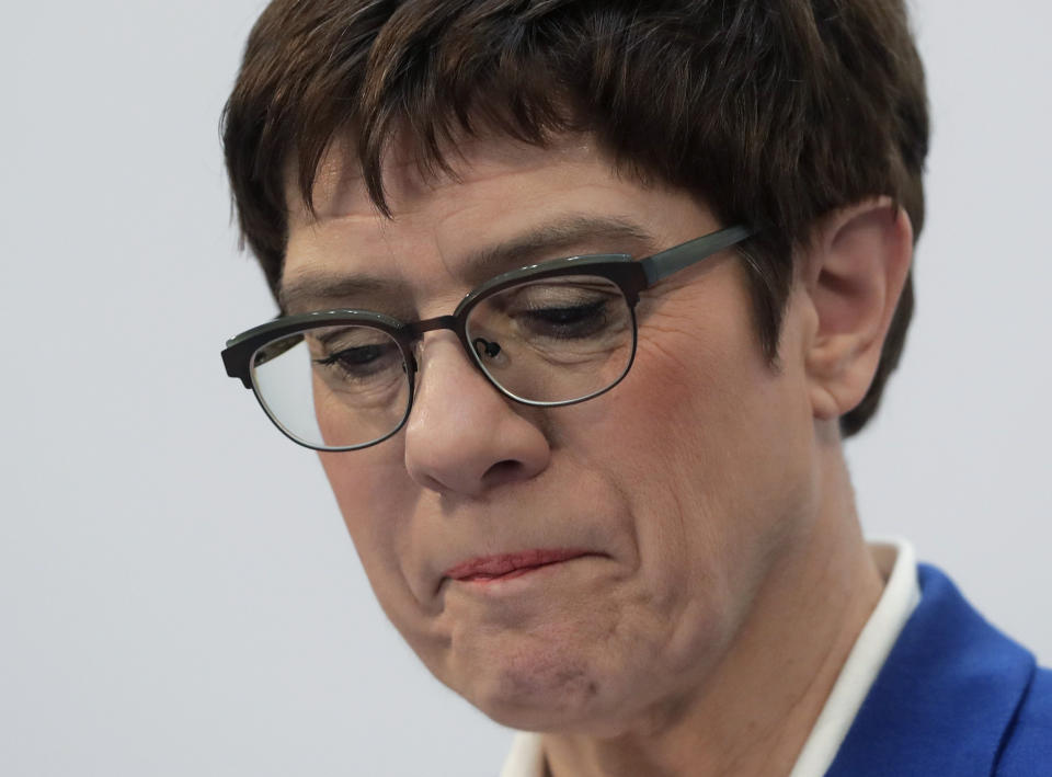 Christian Democratic Union party (CDU) chairwoman and Defense Minister Annegret Kramp-Karrenbauer speaks during a press conference in Berlin, Germany, Monday, Feb. 10, 2020. Angela Merkel's designated successor Annegret Kramp-Karrenbauer will quit her role as head of the Germany's strongest party in summer and won't stand for the chancellorship.(AP Photo/Markus Schreiber)