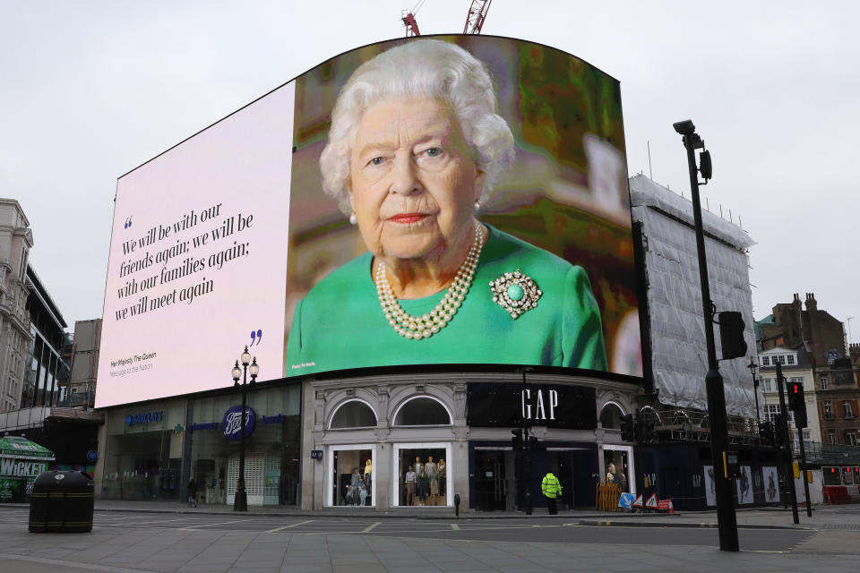 LONDON, April 13, 2020  -- A screen shows British Queen Elizabeth II and a quote from her speech on the fight against COVID-19 at Piccadilly Circus in London, Britain, April 13, 2020. The death toll of those hospitalized in Britain who tested positive for the novel coronavirus reached 10,612 as of Saturday afternoon, the Department of Health and Social Care said Sunday. (Photo by Tim Ireland/Xinhua via Getty) (Xinhua/ via Getty Images)