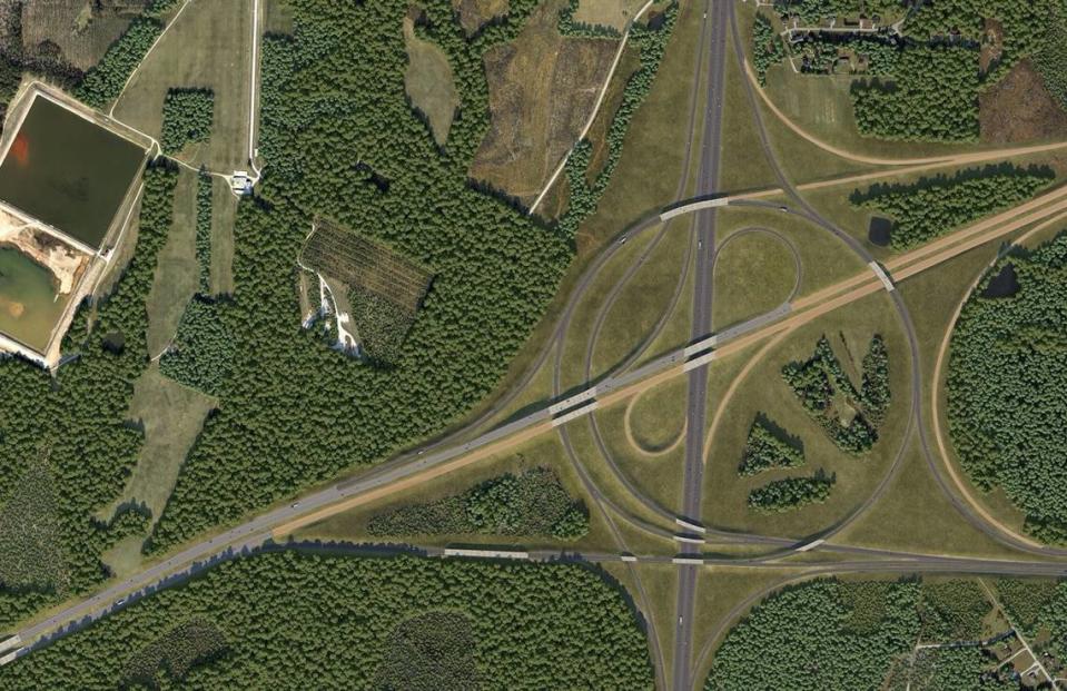 This rendering shows the “turbine” interchange that will handle traffic where Interstate 40 (center) meets N.C. 540 (lower left and upper right) and N.C. 70 (lower right) in Johnston County.