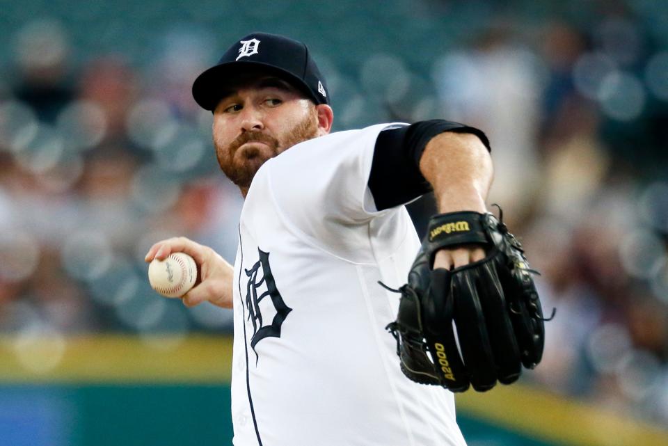 Tigers pitcher Drew Hutchison pitches against the Giants during the first inning on Tuesday, Aug. 23, 2022, at Comerica Park.