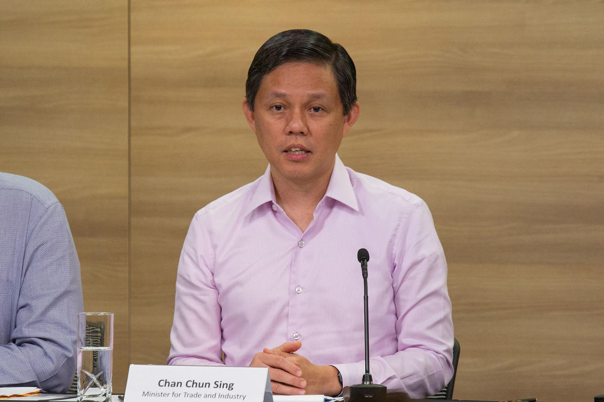 Minister for Trade and Industry Chan Chun Sing speaking at the Multi-Ministry press conference on Monday (27 January). (PHOTO: Dhany Osman / Yahoo News Singapore)