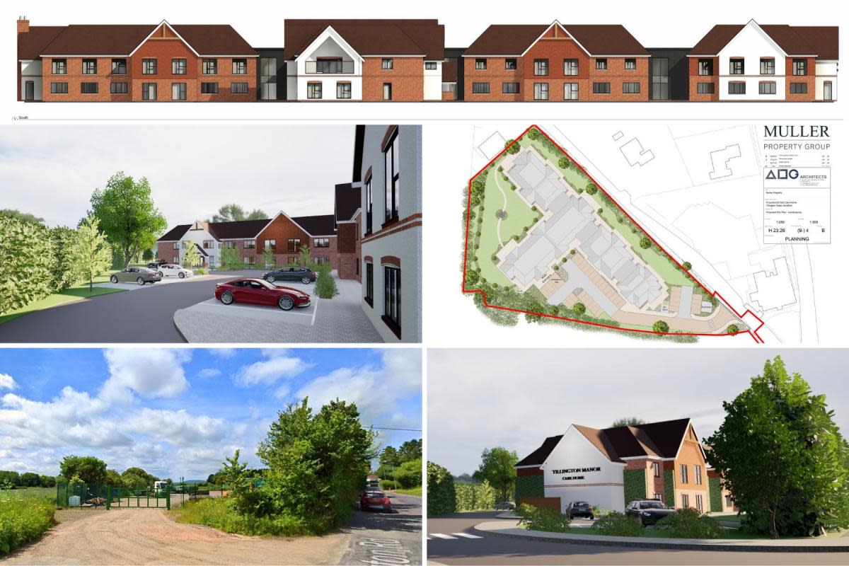 Indicative views and plan of the proposed care home, and view of the current entrance to the lorry park, which it would use <i>(Image: Muller / ADG Architects,from application; Google Street View)</i>