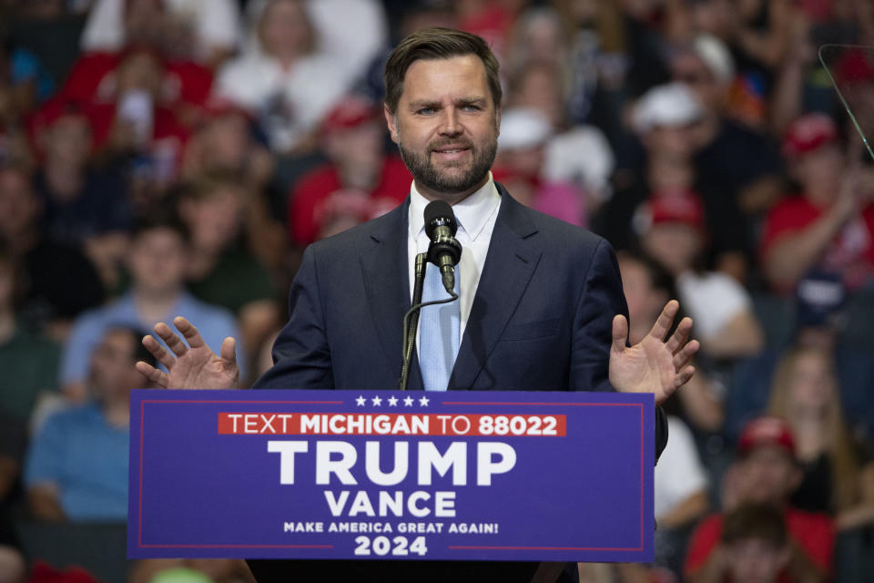 GRAND RAPIDS, MICHIGAN - JULY 20: Republican vice presidential nominee U.S. Sen. J.D. Vance (R-OH) speaks at the first public rally with his running mate, former U.S. President Donald Trump (not pictured), at the Van Andel Arena on July 20, 2024 in Grand Rapids, Michigan.  This is former President Trump's first public rally since he was shot in the ear during an assassination attempt in Pennsylvania on July 13. (Photo by Bill Pugliano/Getty Images)