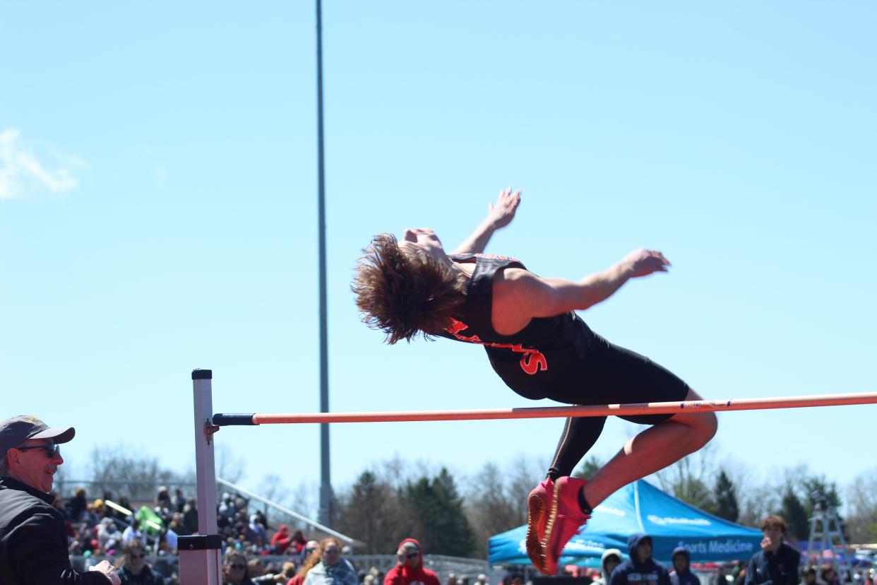 Ashland's Jacob Holbrook in the high jump at the Mehock Relays.