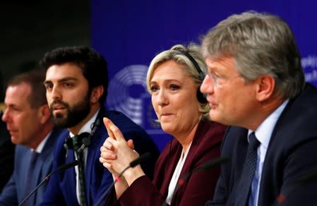 French far-right National Rally party leader Le Pen, Italian MEP Zanni and German MEP Meuthen address a news conference at the EU Parliament in Brussels