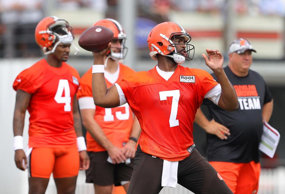 Cleveland Browns quarterback Jacoby Brissett throws a pass during the NFL football team's football training camp in Berea on Monday.