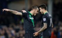 Football Soccer - Everton v Stoke City - Barclays Premier League - Goodison Park - 28/12/15 Stoke's Marko Arnautovic celebrates scoring their fourth goal with Joselu Action Images via Reuters / Carl Recine Livepic